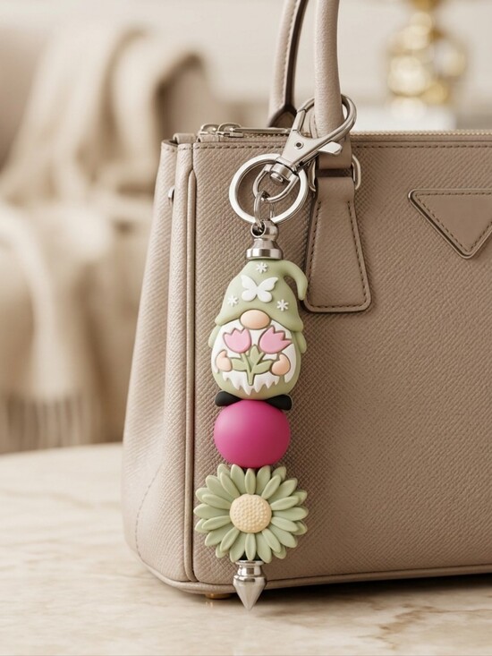 Accessories - Green & Pink Floral Gnome Bag Charm Keychain